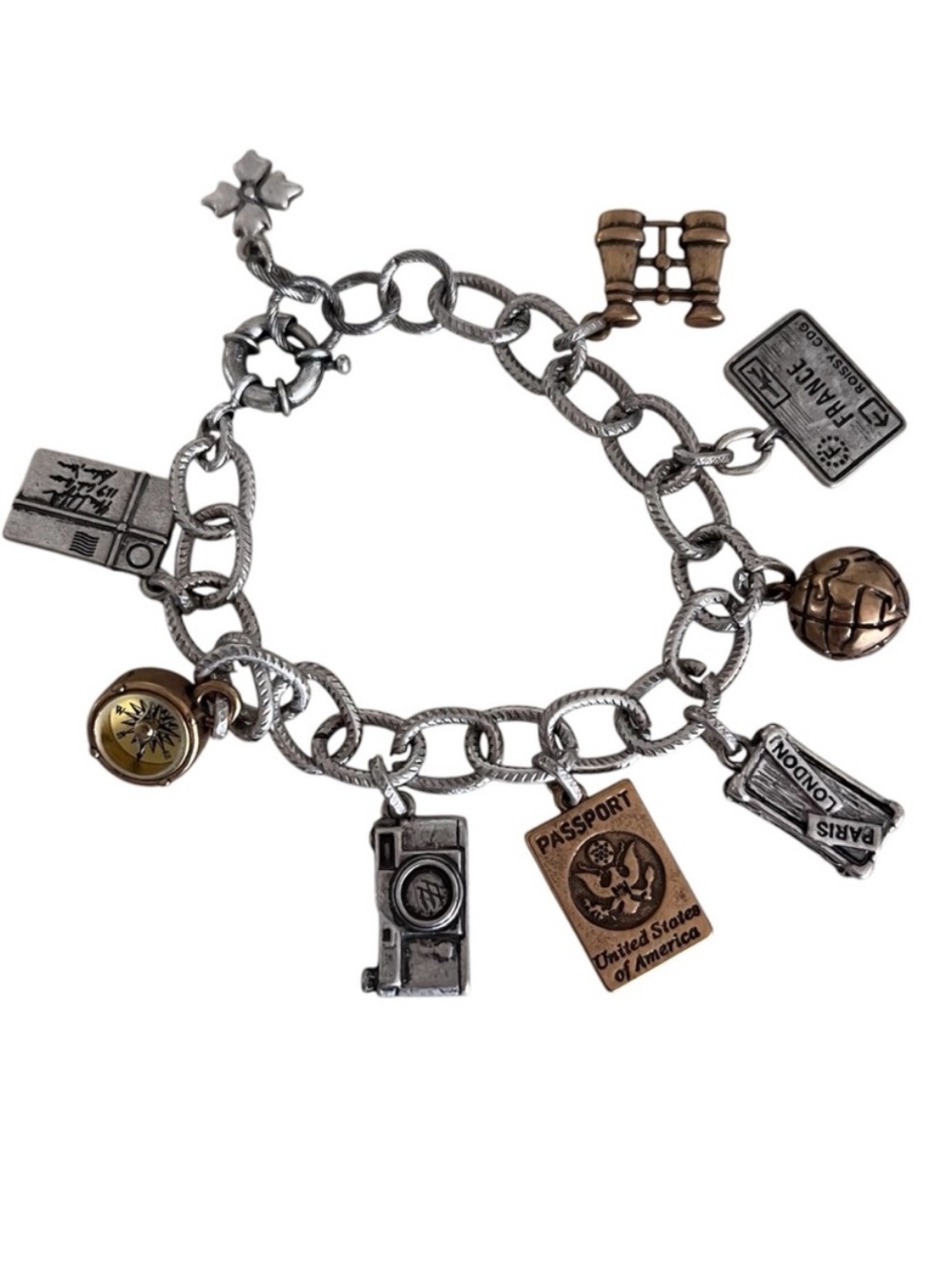 Vintage Silver CN Travel Charm Bracelet Passport Camera Globe Binoculars